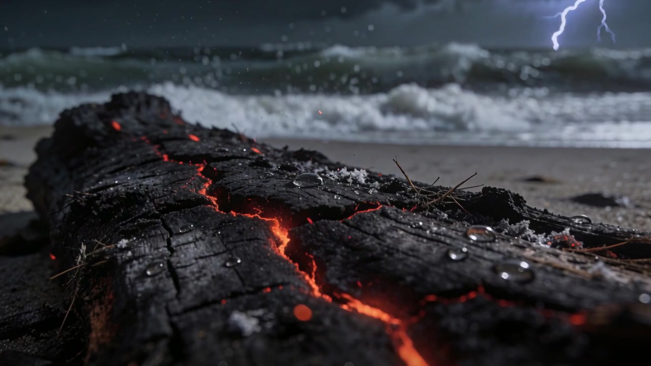 Flickering charred log reacting to lightning on shore at night, glowing fissures drops and surf