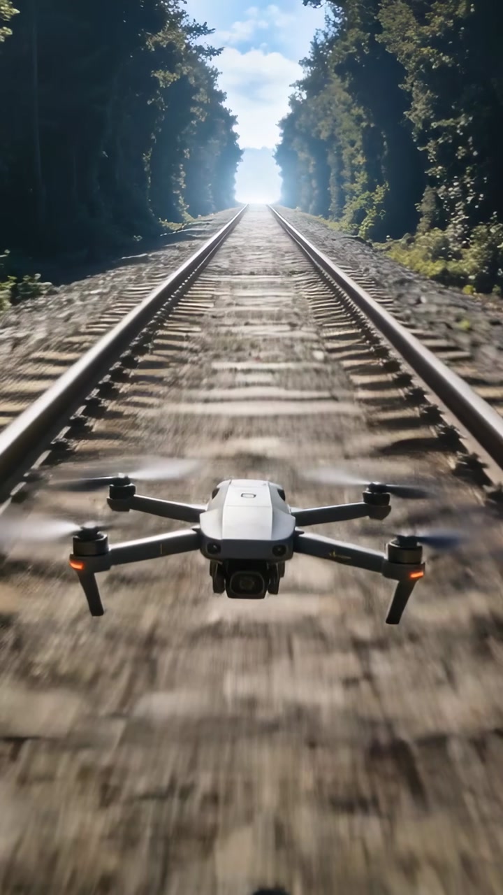 Vertical video: Sending pilot input, drone flying along rail through treeline, filming forward shot