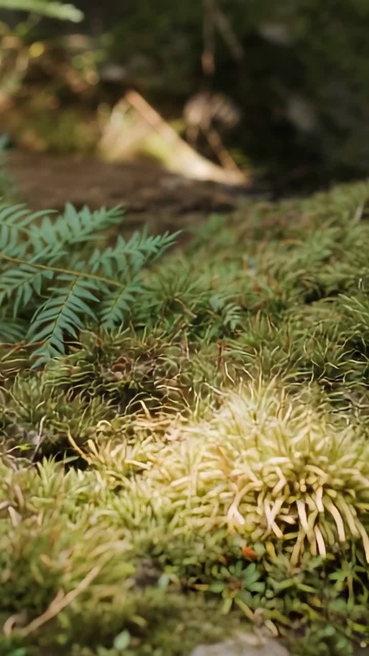 Video verticale: la camera si allontana rivelando uno spesso tappeto di muschio sul suolo della foresta, mostrando una fronda di felce