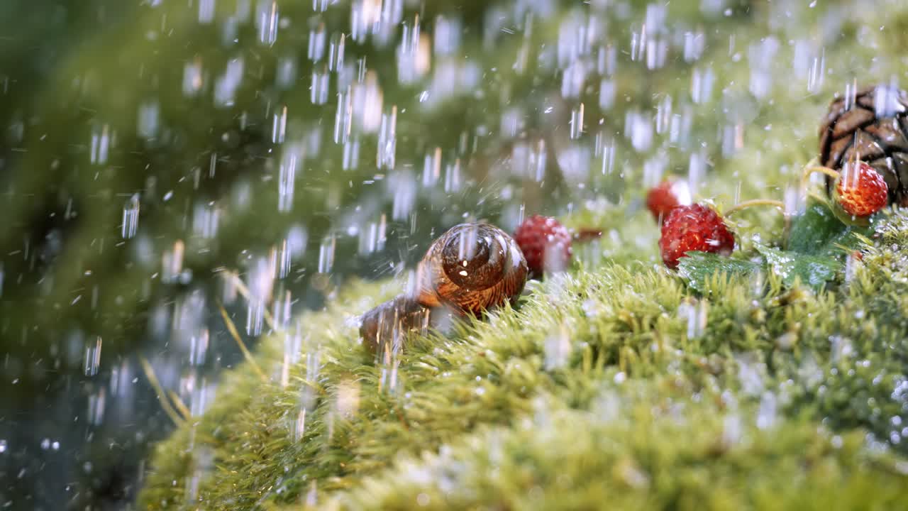close-up de la vida silvestre de una y fresas silvestres y caracol en la fuerte lluvia en el bosque. disparado en cámara súper lenta 1000 fps.