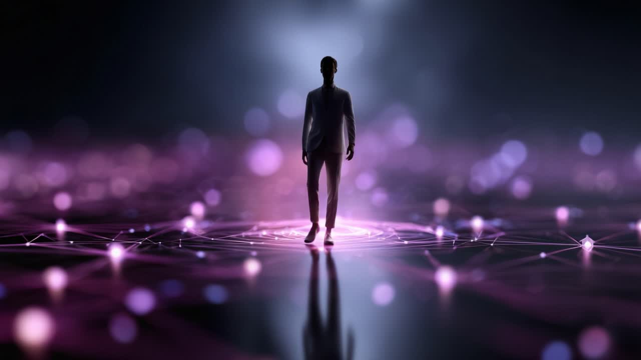 A solitary figure stands in a mesmerizing digital landscape filled with glowing patterns, creating an atmosphere of wonder and intrigue in the virtual realm