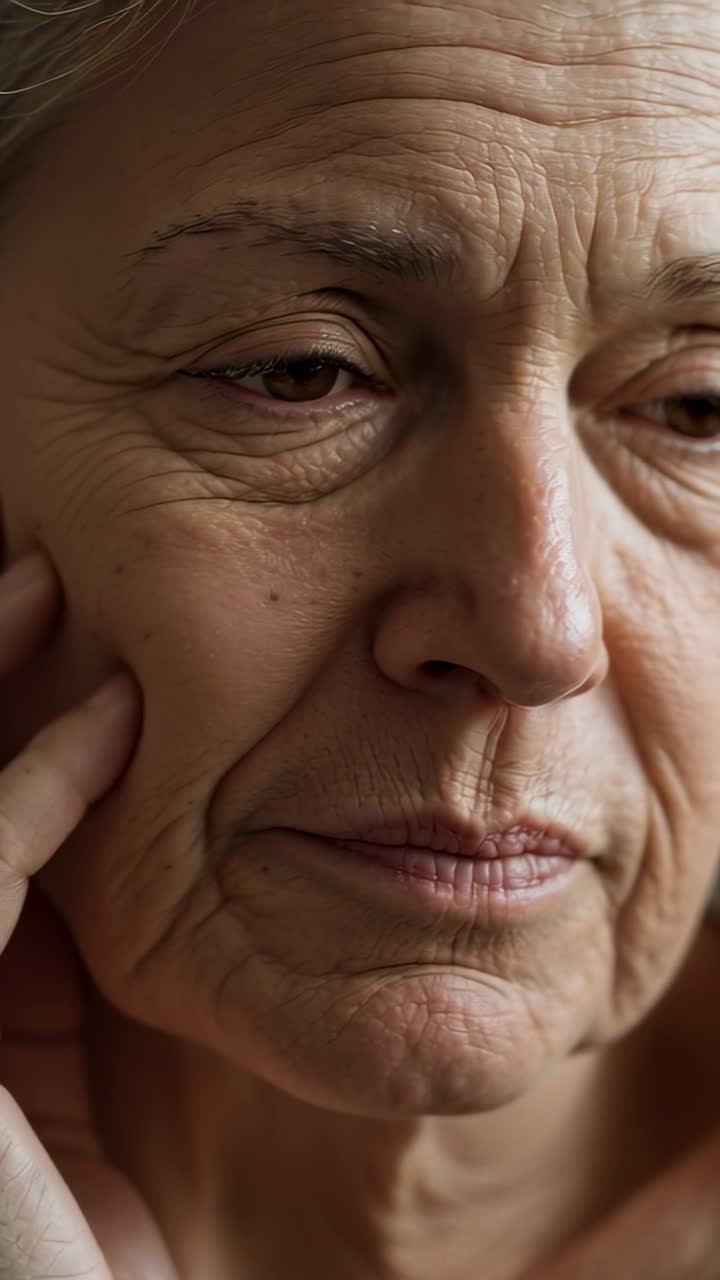 Touching senior female face while opening eyes at home near window, with hand and bare shoulders