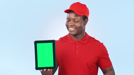 Green-screen,-tablet-and-delivery-man-pointing