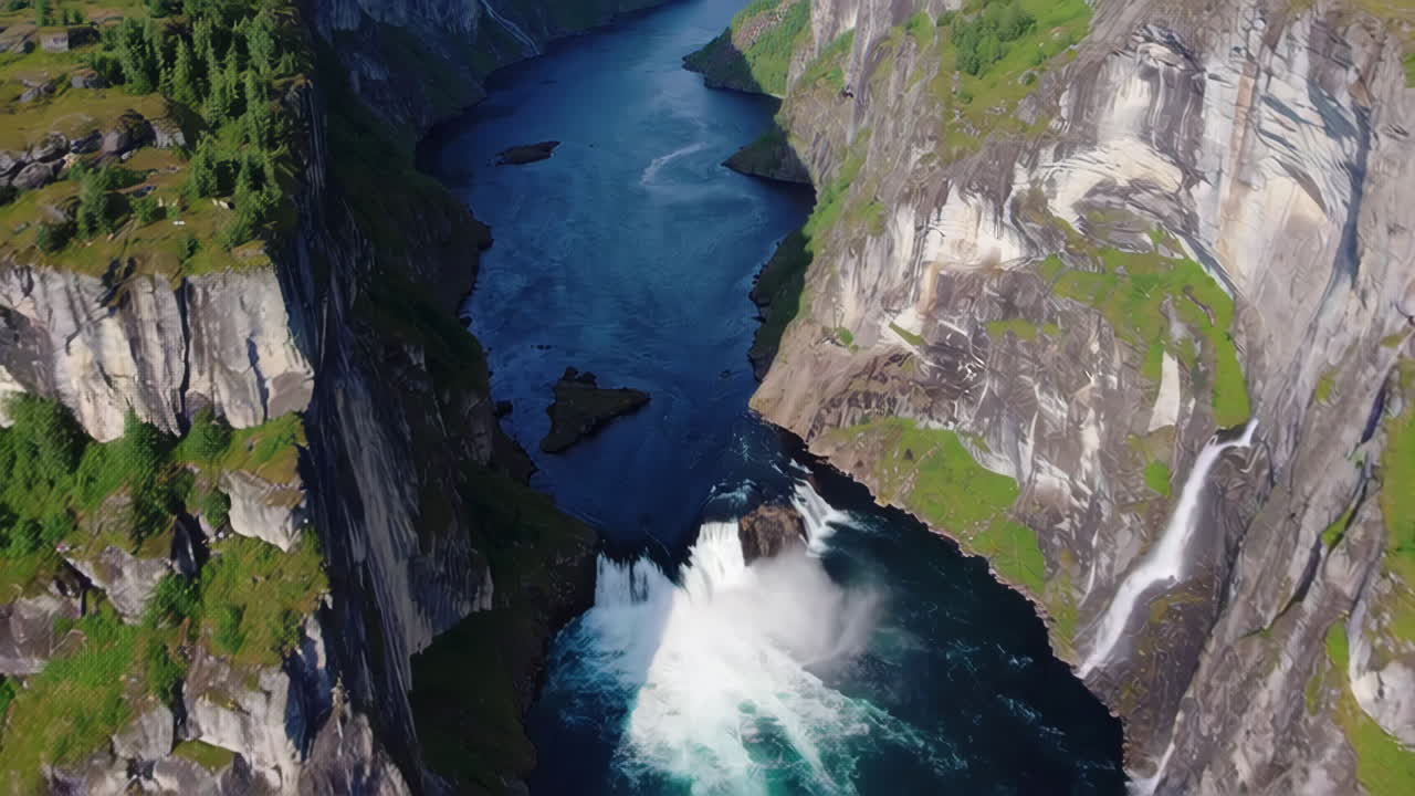 Aerial view of a fjord with waterfalls in Norway