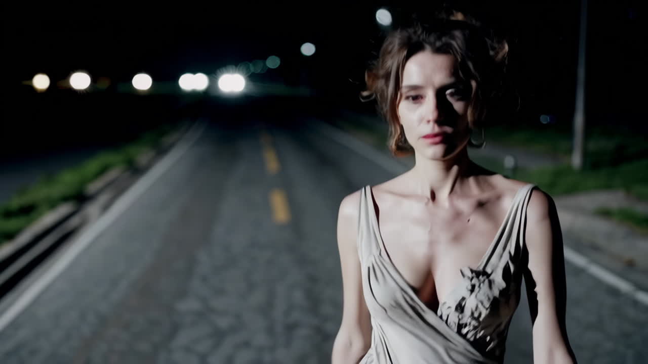 Woman Walking Alone at Night