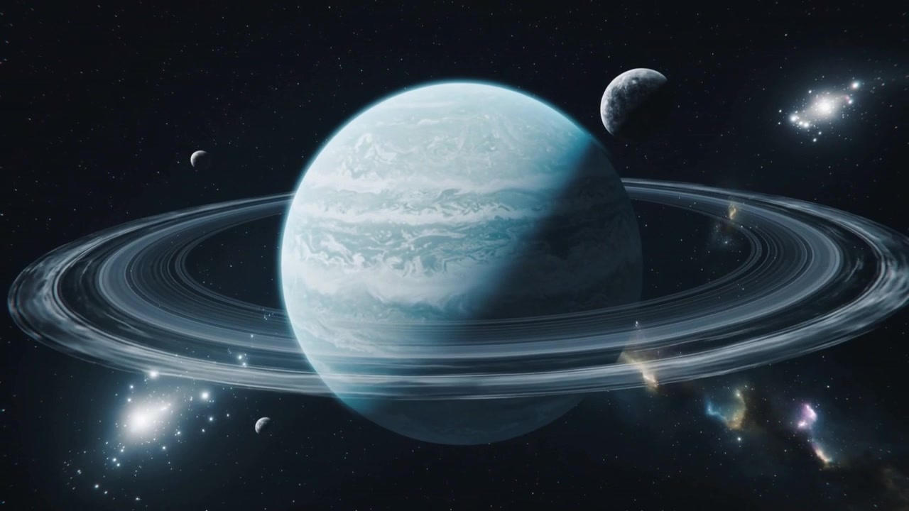 Telecamera in panoramica rivela un gigante gassoso con anelli blu-verdi che ruota nello spazio, mostrando lune e nebulose.