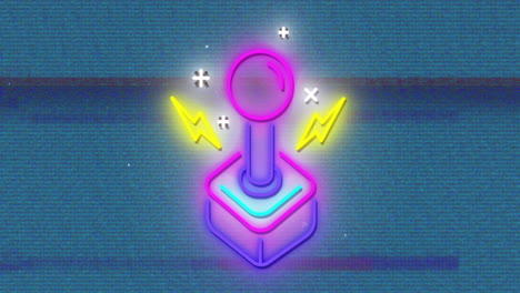 retro joystick with glowing neon lights and sparkles animation on blue background