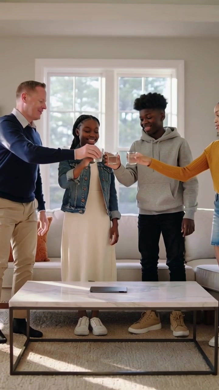 Vertical video: Smiling teen tapping, family picking glasses on marble table, toasting at home