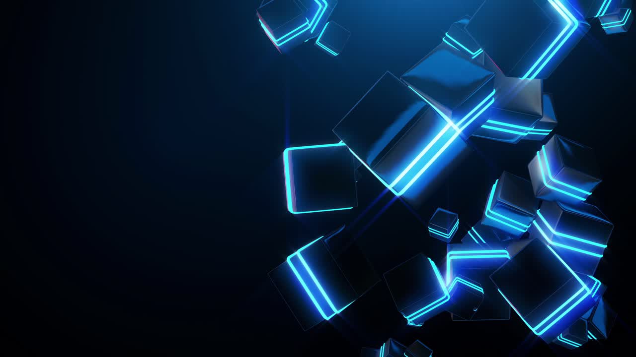 Abstract 3D Cubes with Blue Neon Light