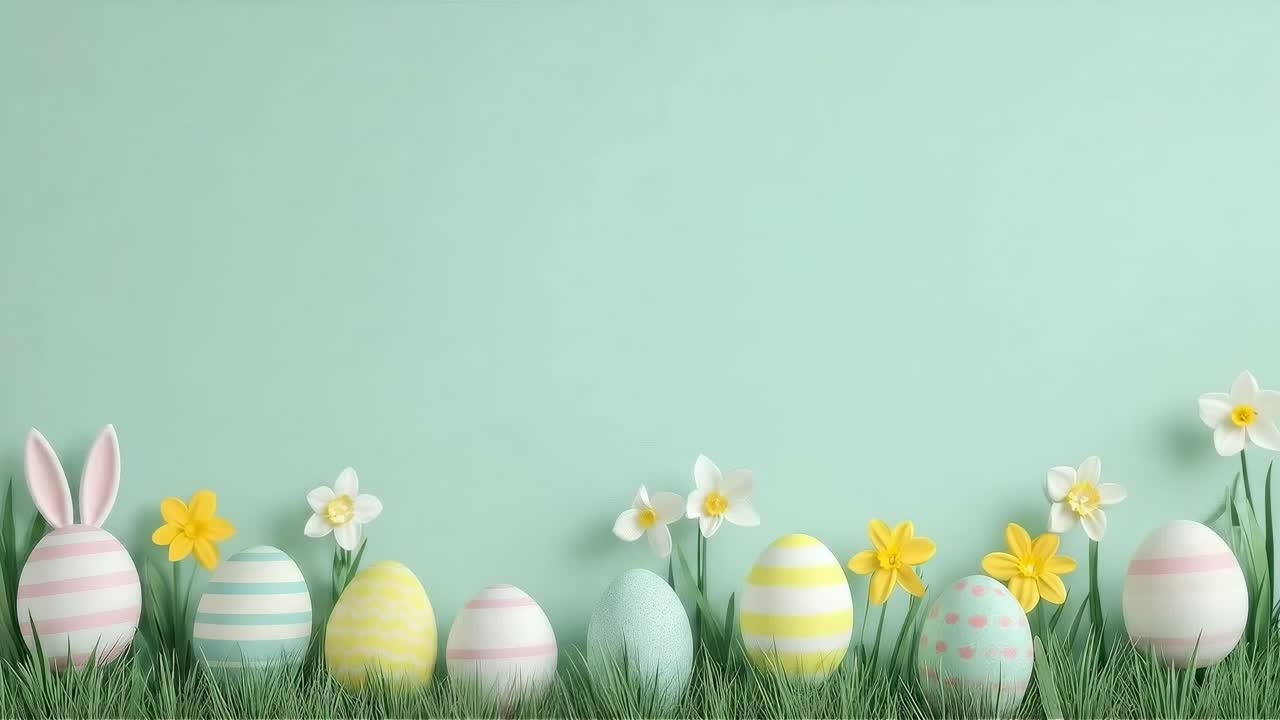Ovos de Pcora§§oa em tons pastel e orelhas de coelho na grama, foto tirada de um ângulo baixo. Ideal para um vdeo festivo. Ao vivo