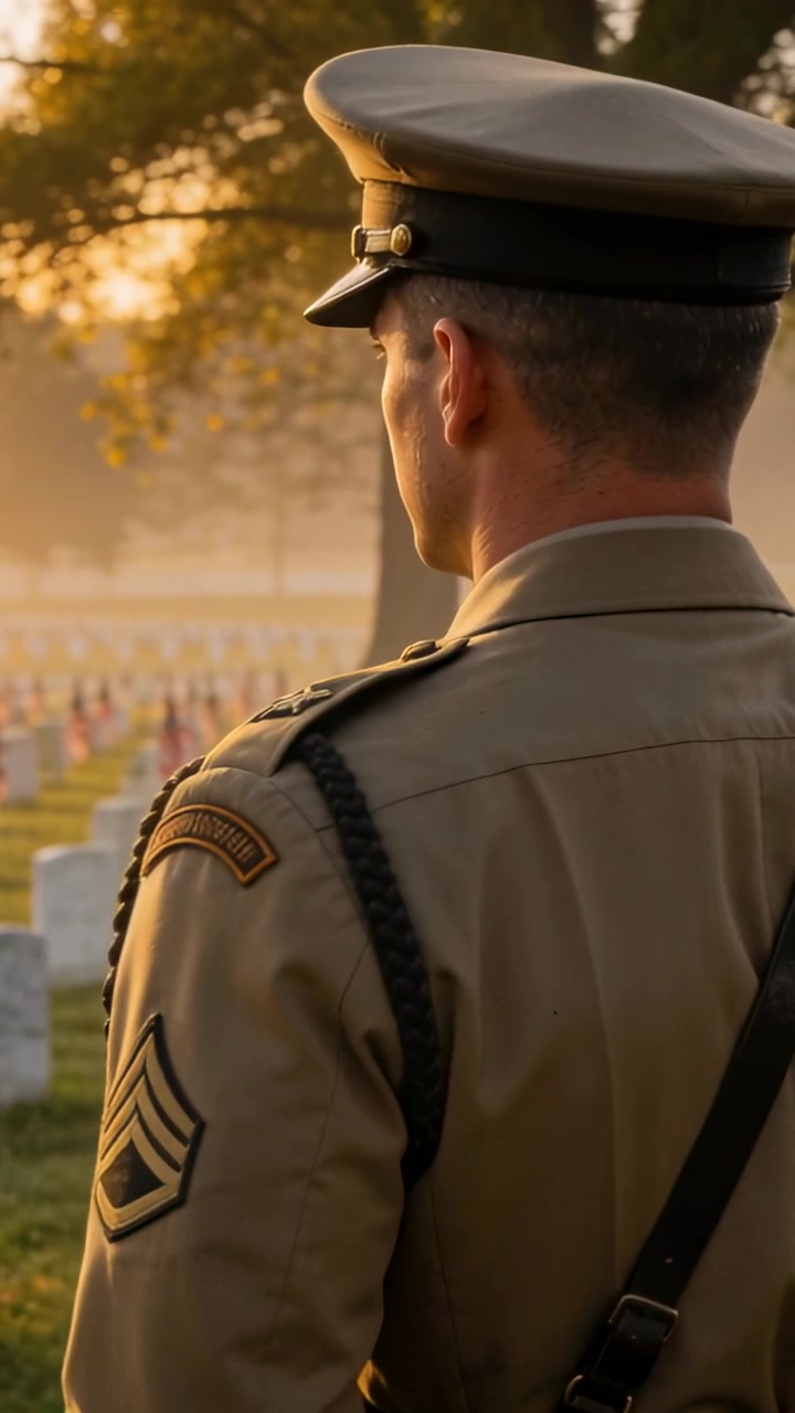 Video verticale: Soldato in uniforme color kaki di fronte in un cimitero, gira la testa, saluta con il berretto a visiera, onorando i caduti.