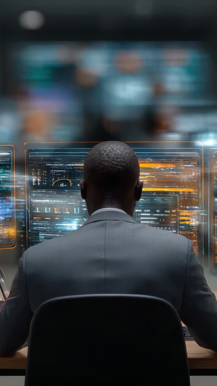 Focused on the Digital Realm: A Business Professional Analyzes Data in a High-Tech, Multiscreen Environment for Strategic Decision Making and Insight Generation