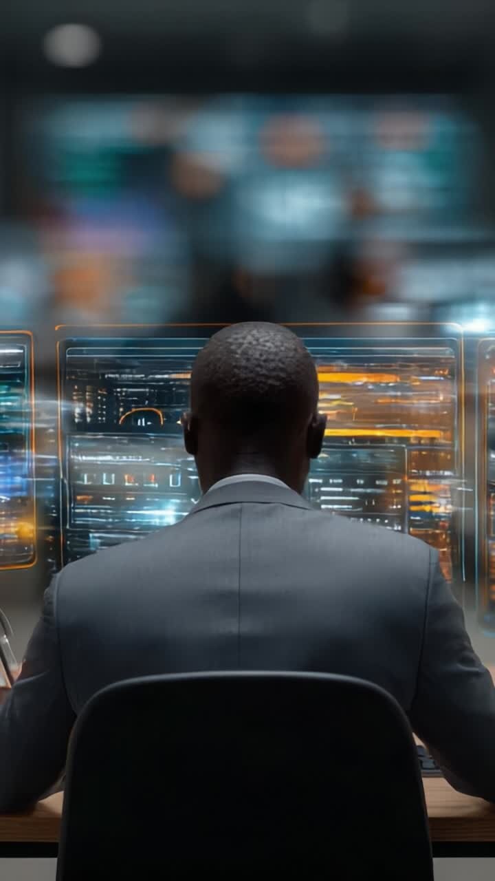 Focused on the Digital Realm: A Business Professional Analyzes Data in a High-Tech, Multiscreen Environment for Strategic Decision Making and Insight Generation