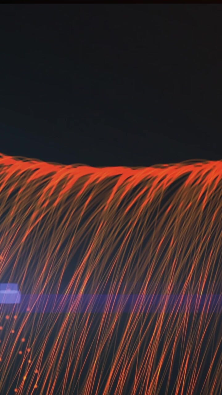 Animation of orange light trails falling and blue light spot against black background