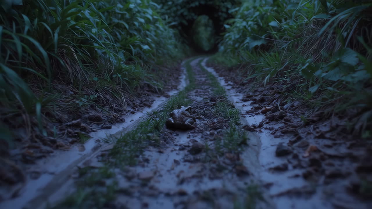 Frog on a Muddy Path in a Forest at Dusk