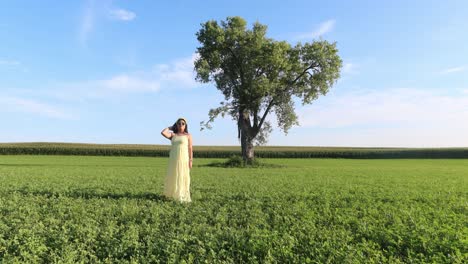 Chica-Con-Un-Hermoso-Vestido-De-Pie-Al-Aire-Libre-En-Una-Tierra-De-Hierba-Con-Tres-Solitarios