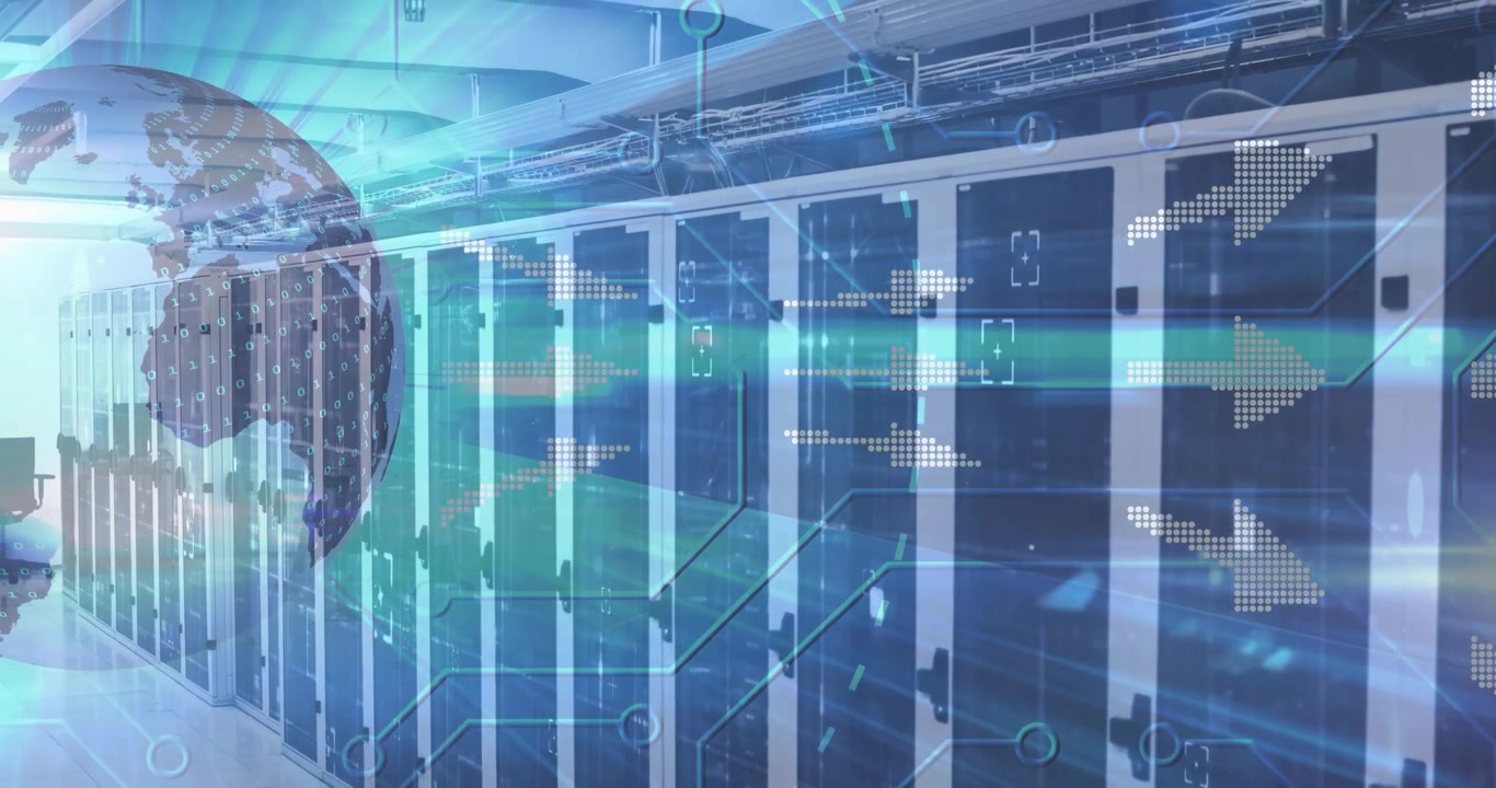Server cabinets lining corridor being animated in 3D art with binary hologram and circuit overlays