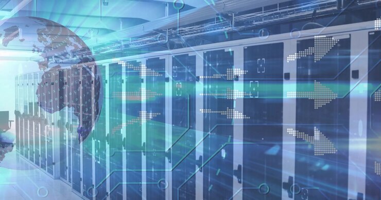 Server cabinets lining corridor being animated in 3D art with binary hologram and circuit overlays
