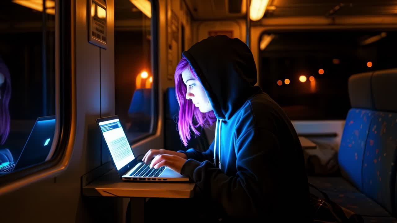 Late night train ride sparks creativity as a young woman focuses on her laptop while illuminated by screen light