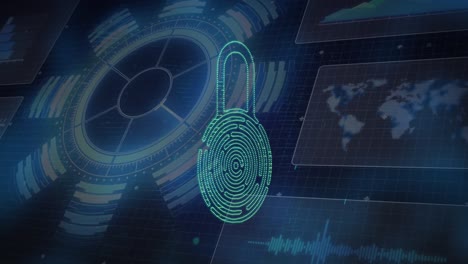 animación de un punto de luz que se mueve sobre el icono del candado de seguridad contra la interfaz con el procesamiento de datos