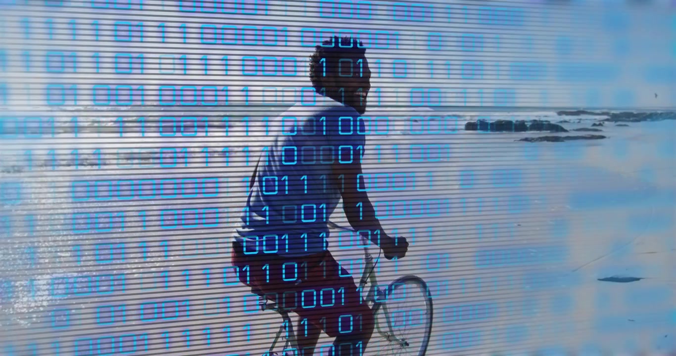 Man pedaling bike along wet shore causing tech overlay shifting across rider turning back for fun