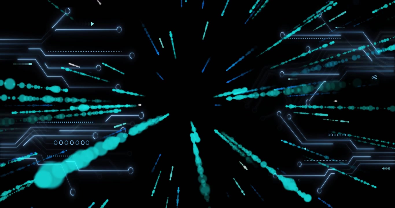 Teal and cyan particles materializing along circuits accelerating inward toward void forming tunnel
