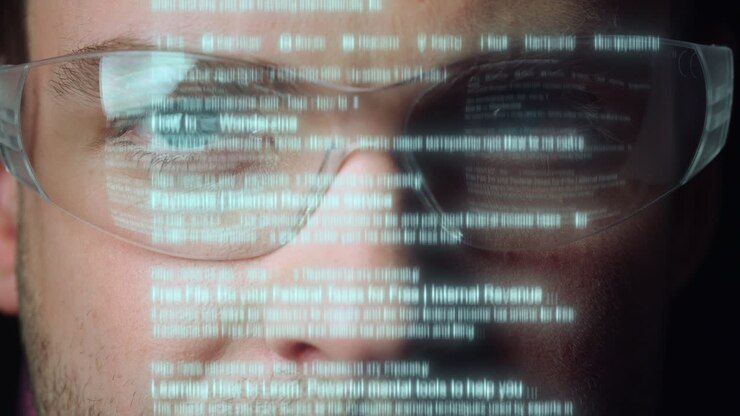 Teknologiske briller holografisk tekst projektion mand søger e-mail tæt på