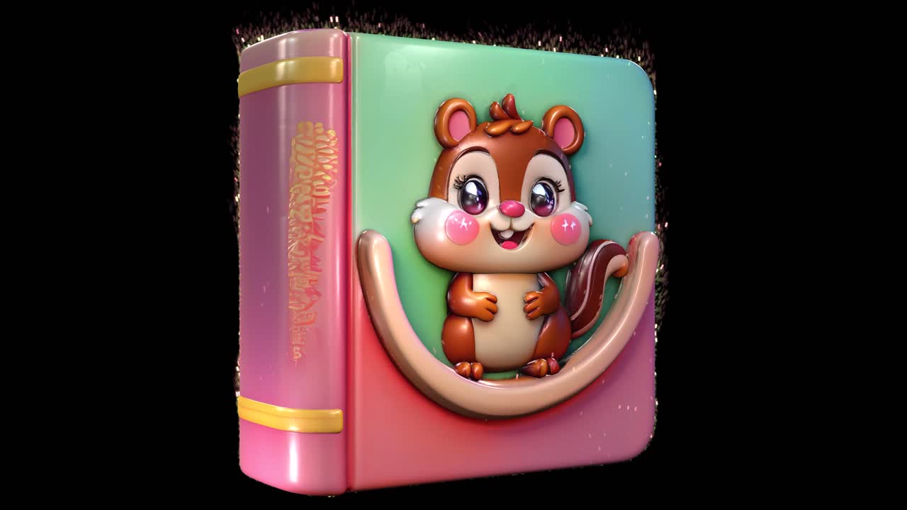 Sød 3D-cartoon børnebog med et nuttet, lille jordegern, der er integreret i omslagsdesignet som et præget 3D-element, med partikler på sort baggrund. Perfekt til førskole, børnevideoer og VFX.