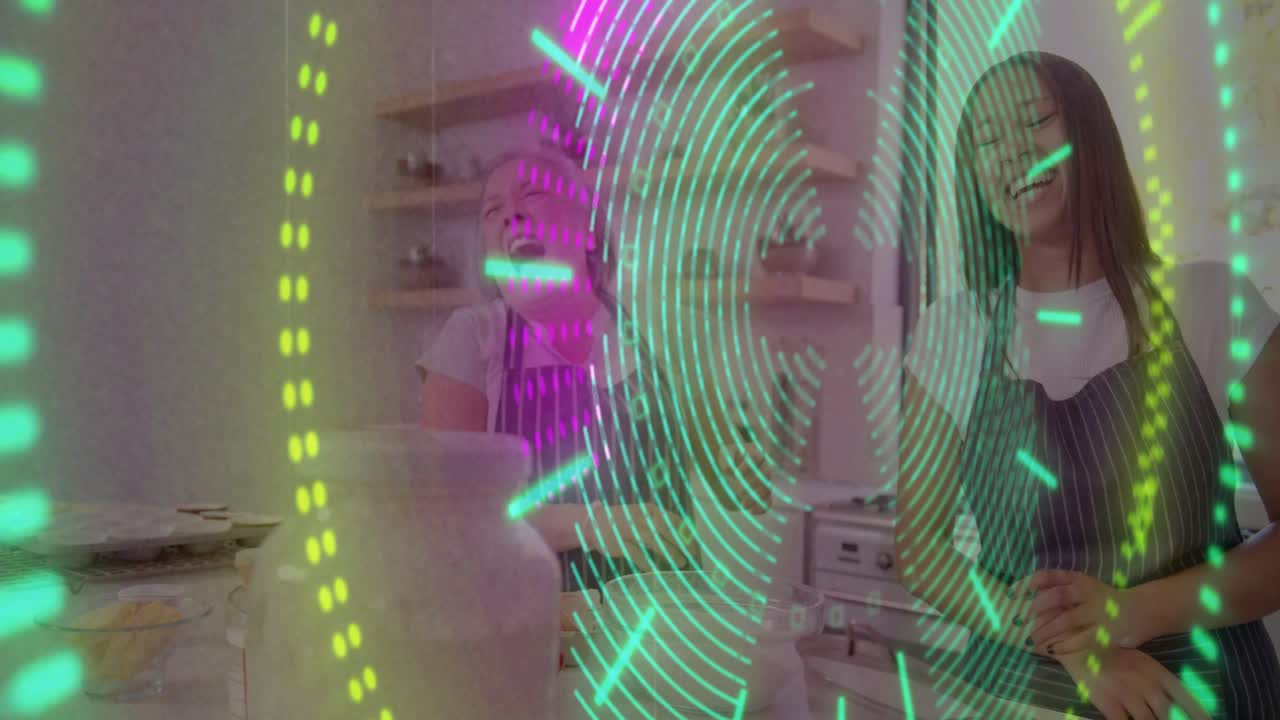 Teen reaching spoon sparking shared stirring with mom making food, animated rings pulsing over bowl