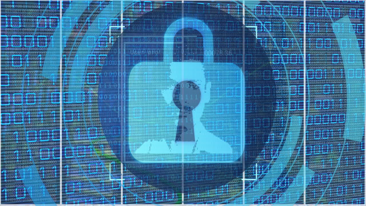 animación del candado, codificación binaria y procesamiento de datos en el ámbito de aplicación