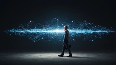 a professional in a suit walking through a dynamic digital network visualization, symbolizing innovation and progress in the modern business landscape