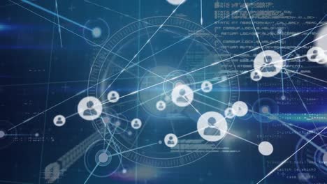 animation of network of profile icons over round scanner and light trails against blue background