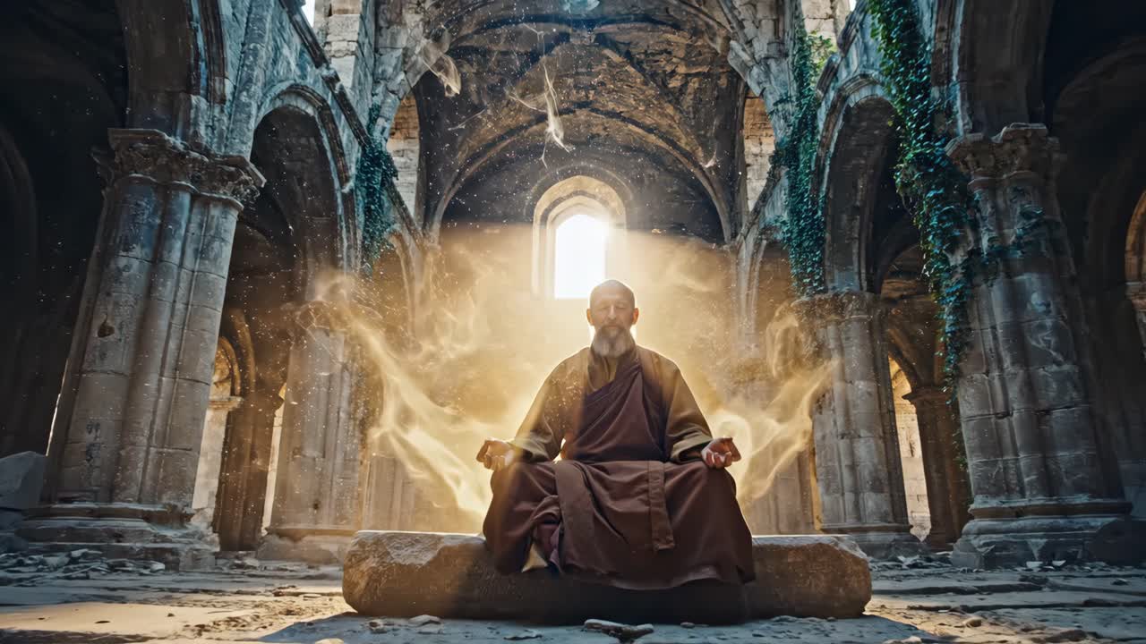Monk Meditating in Ancient Ruins