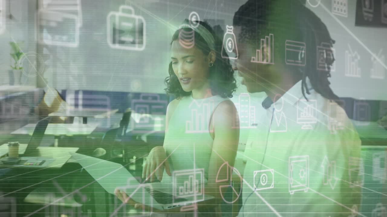 animación del procesamiento de datos financieros sobre diversas personas de negocios que trabajan en la oficina