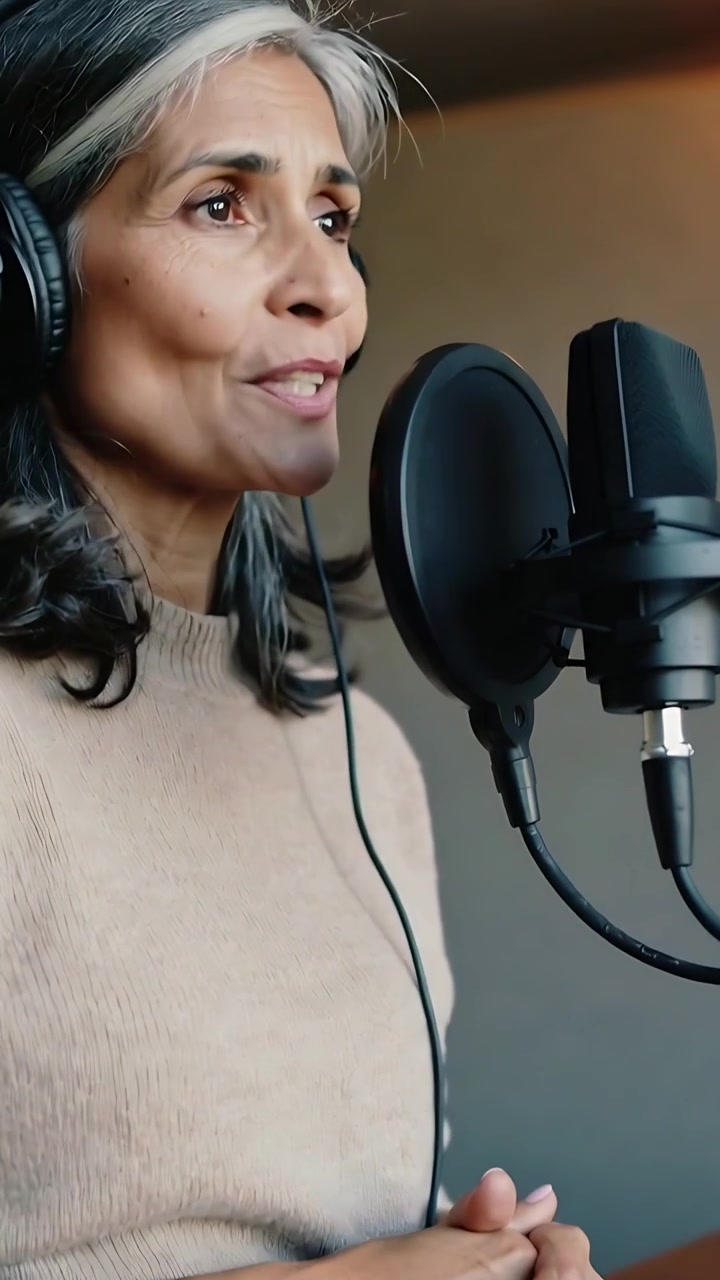 Video verticale: Cuffie che danno il segnale al cantante che registra le voci in studio nel microfono, filtro anti-pop, maglione color cammello.