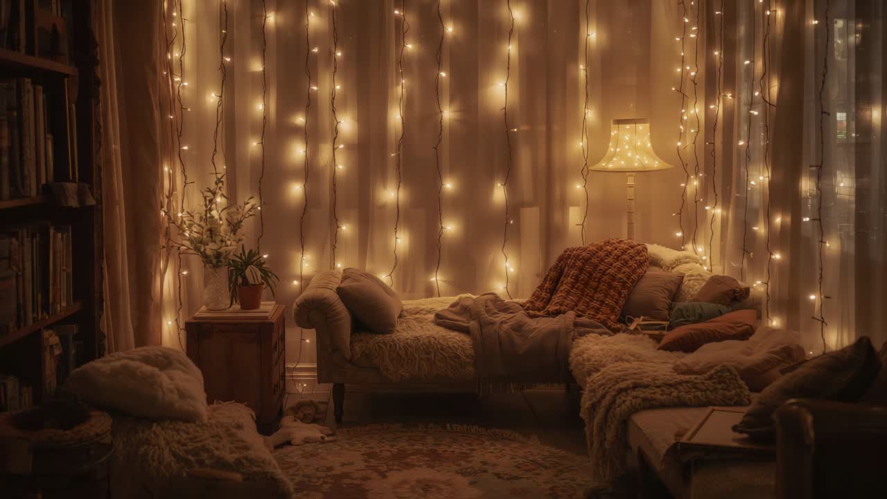 Leggeri cambiamenti di luminosit che creano una chaise longue con cuscini e plaid che brillano in un angolo della casa, lucine
