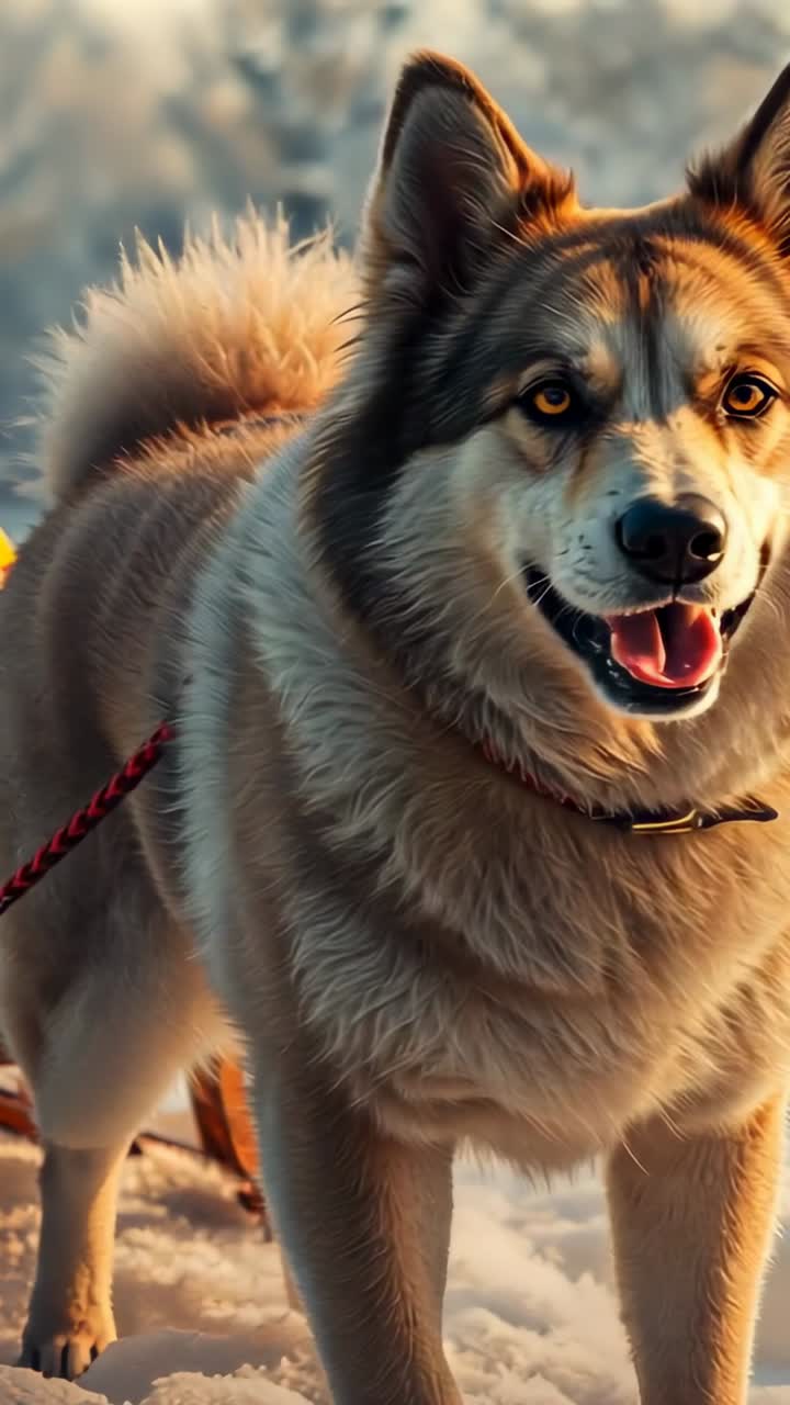 Vertical video: Gazing sled dog shifting gaze toward nearby camera on snow, waiting to pull sled