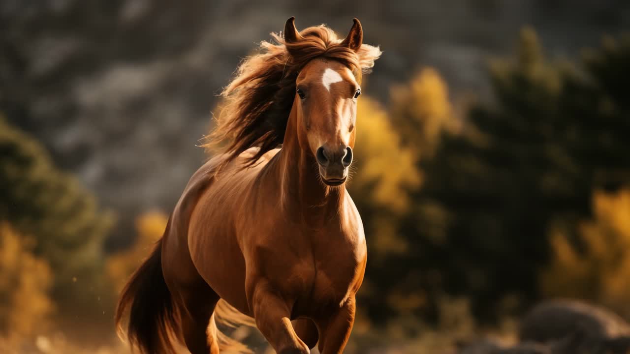 Fotogramma dinamico di un video di un cavallo al galoppo, catturato da una angolazione bassa, che mette in risalto il movimento e l'energia