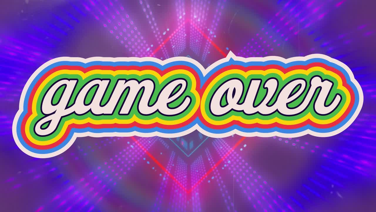 Animazione di un testo di game over su forme al neon su sfondo viola