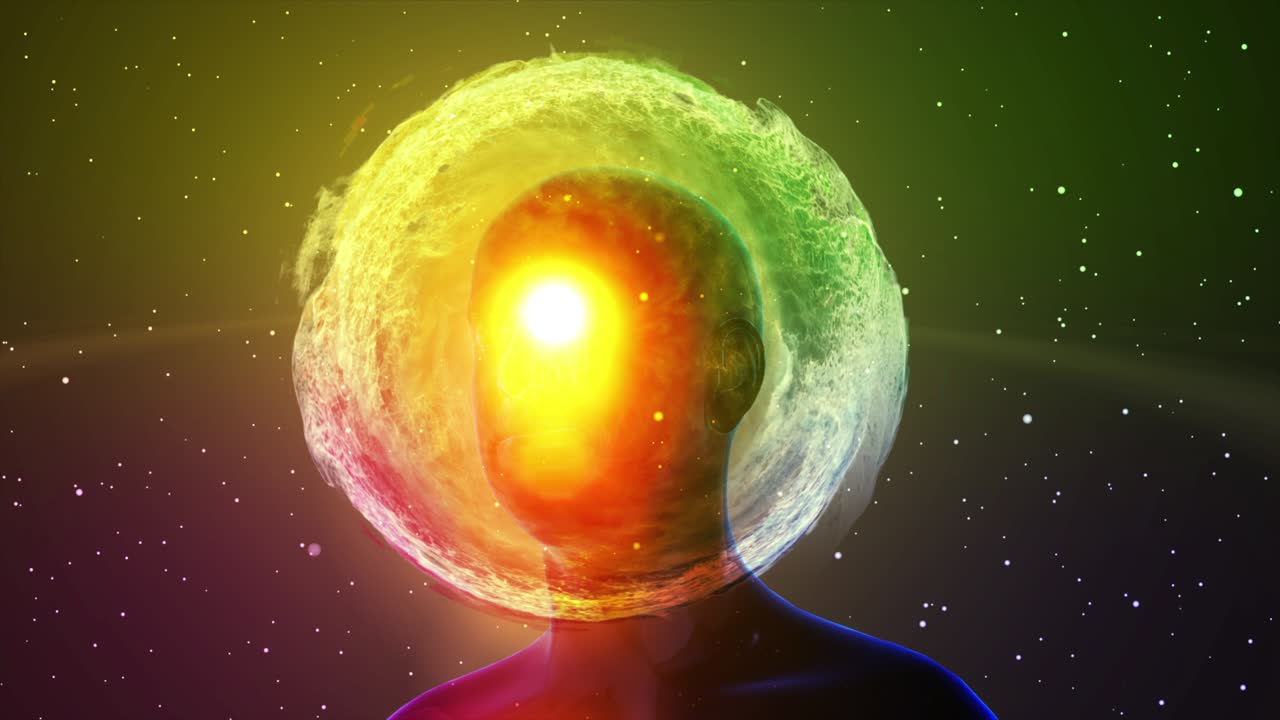 머리에 추상적인 은하 효과와 함께 머리 실루