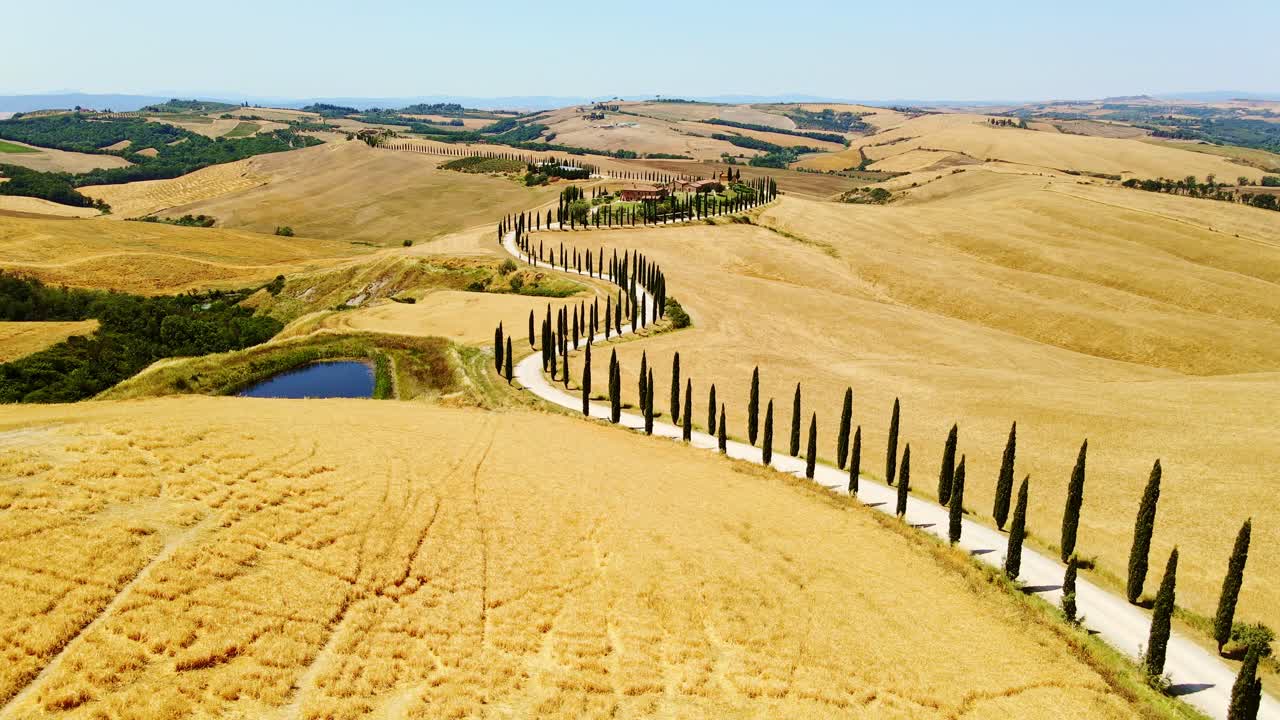 Winding road through yellow hills lined and cypress trees, Tuscany, Italy, drone