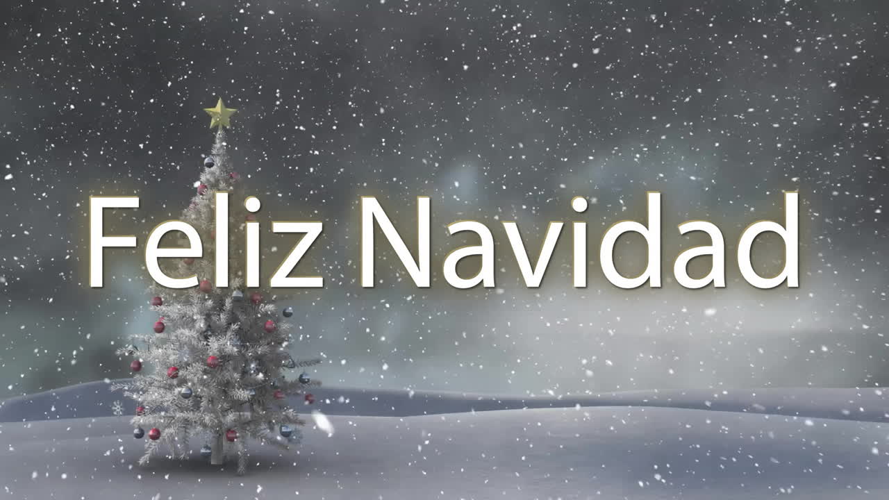 animación de feliz navidad texto sobre el árbol de navidad en el fondo del paisaje de invierno