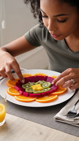 woman arranging a colorful and healthy fruit platter