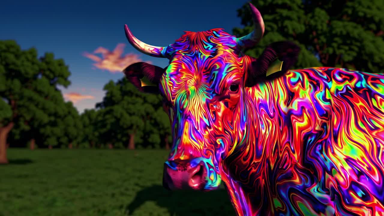 Psychedelic cow with vibrant, swirling colors stands in a green field, trees in the background, as the sun sets, casting a warm glow on the scene
