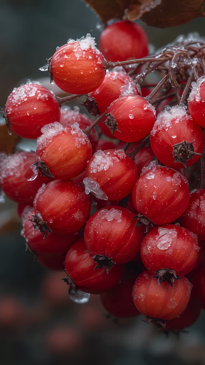 Vertical video: Thawing berry cluster releasing droplets on woody stem with white ice crystals