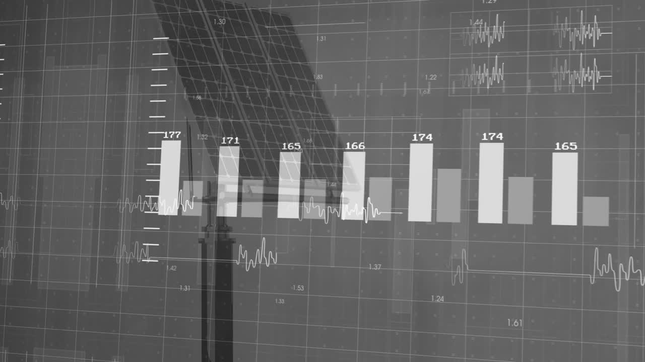 Overlaying animation, bar graphs and data charts analyzing solar panel efficiency