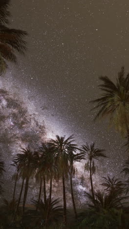 vía láctea sobre el oasis de palmeras por la noche