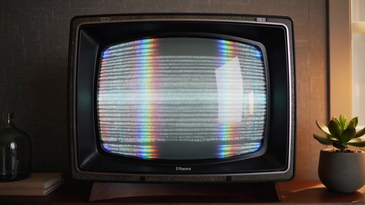 Sinyal parazitine bağlı olarak, evde yanında bir şişe ve bitki bulunan bir CRT televizyon, değişen gökkuşağı bantları gösteriyor.