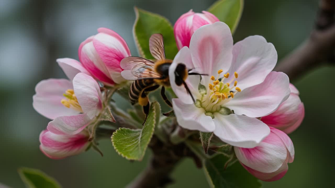 A Busy Bee Pollinating Delicate Apple Blossoms in Full Bloom, Showcasing the Harmony of Nature as Spring Unfolds with Vibrant Colors and Life