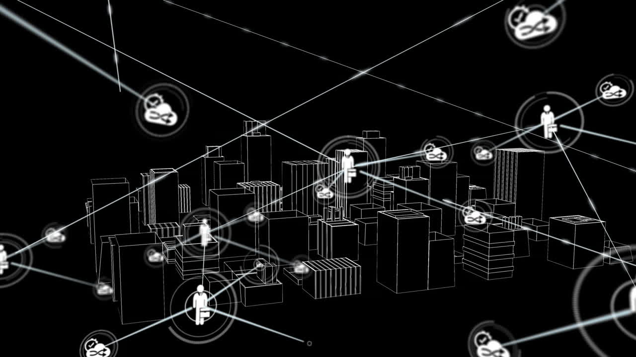 Animation of networks of connections with icons over 3d city drawing spinning on black background